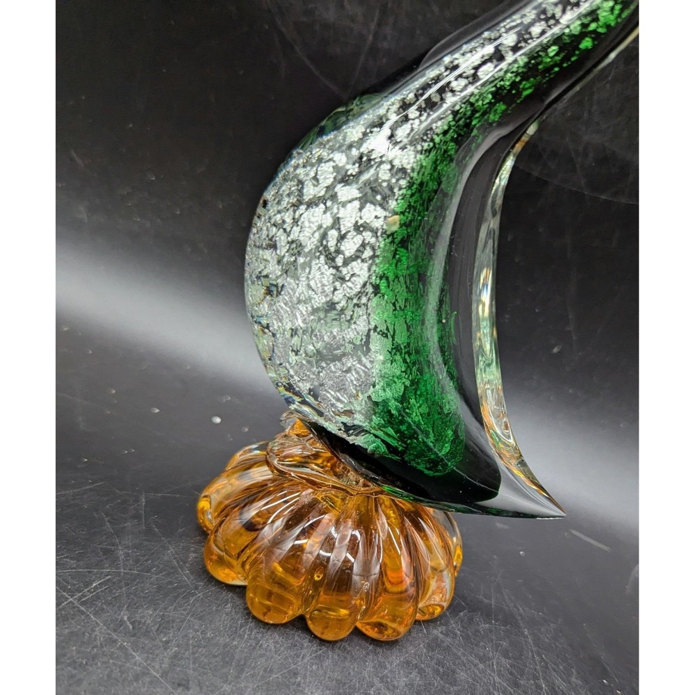Vintage Murano Art Glass Rooster Figurine Sculpture Silver Flake Green Orange - Picture 4 of 10